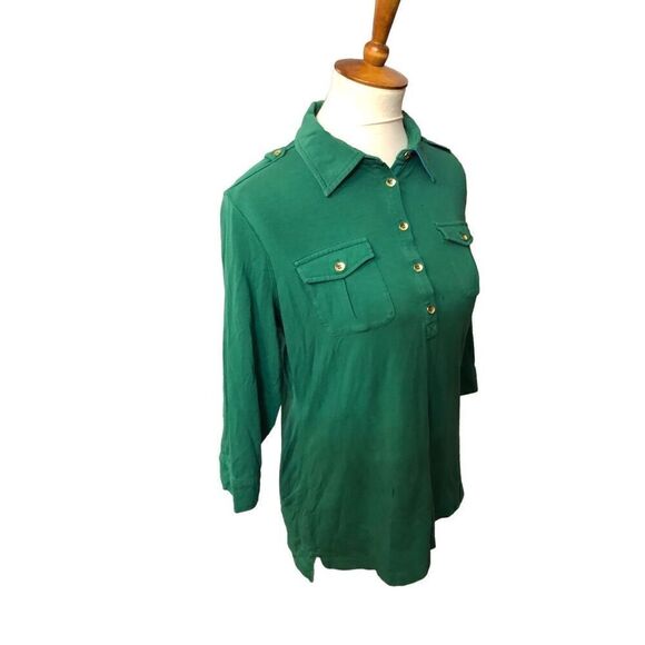 Tommy Hilfiger green 3/4 button crown collared with gold accent buttons size L - Picture 3 of 14